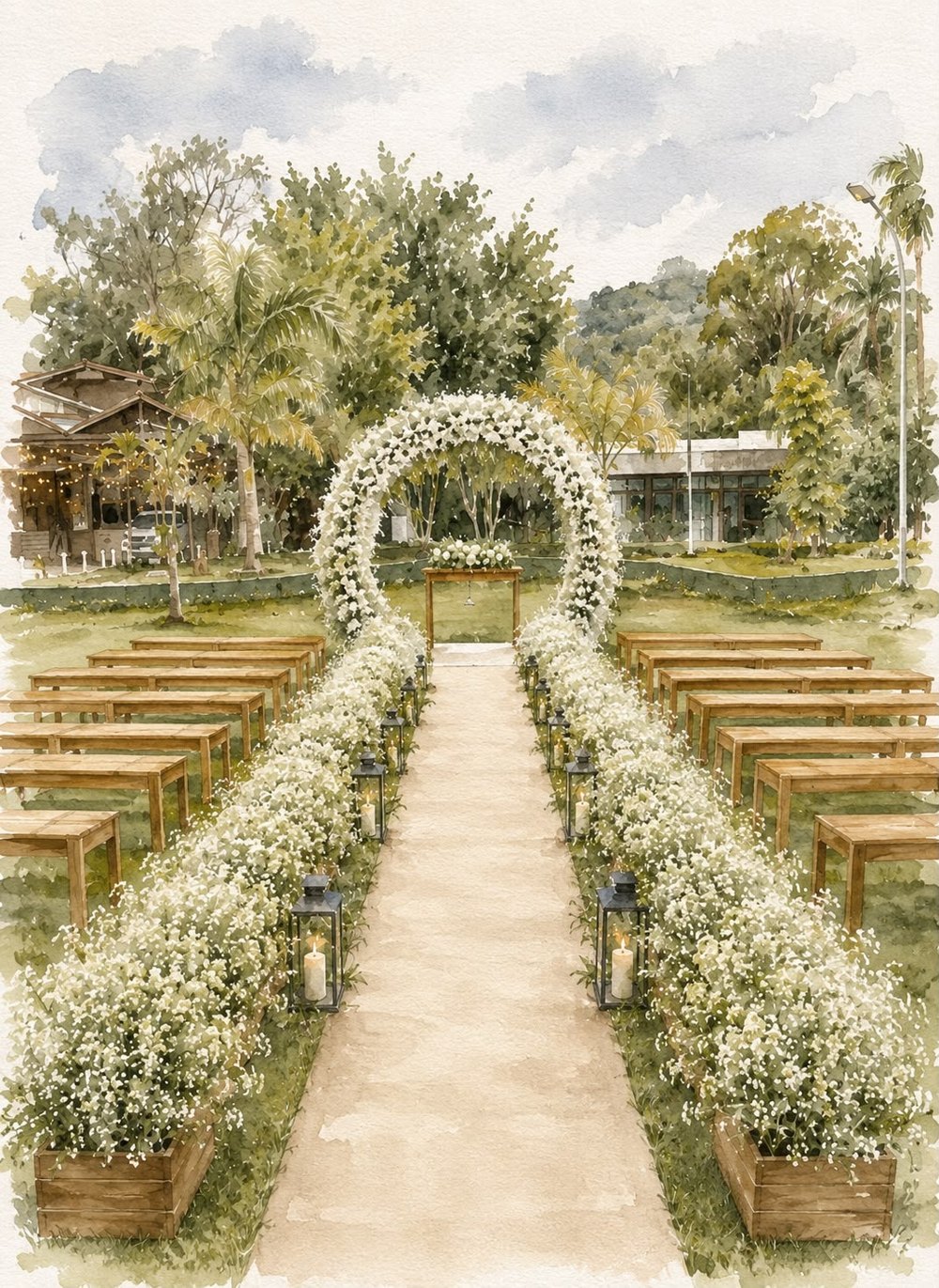 Aquarela da cerimônia: corredor de flores brancas e lanternas até o arco de flores